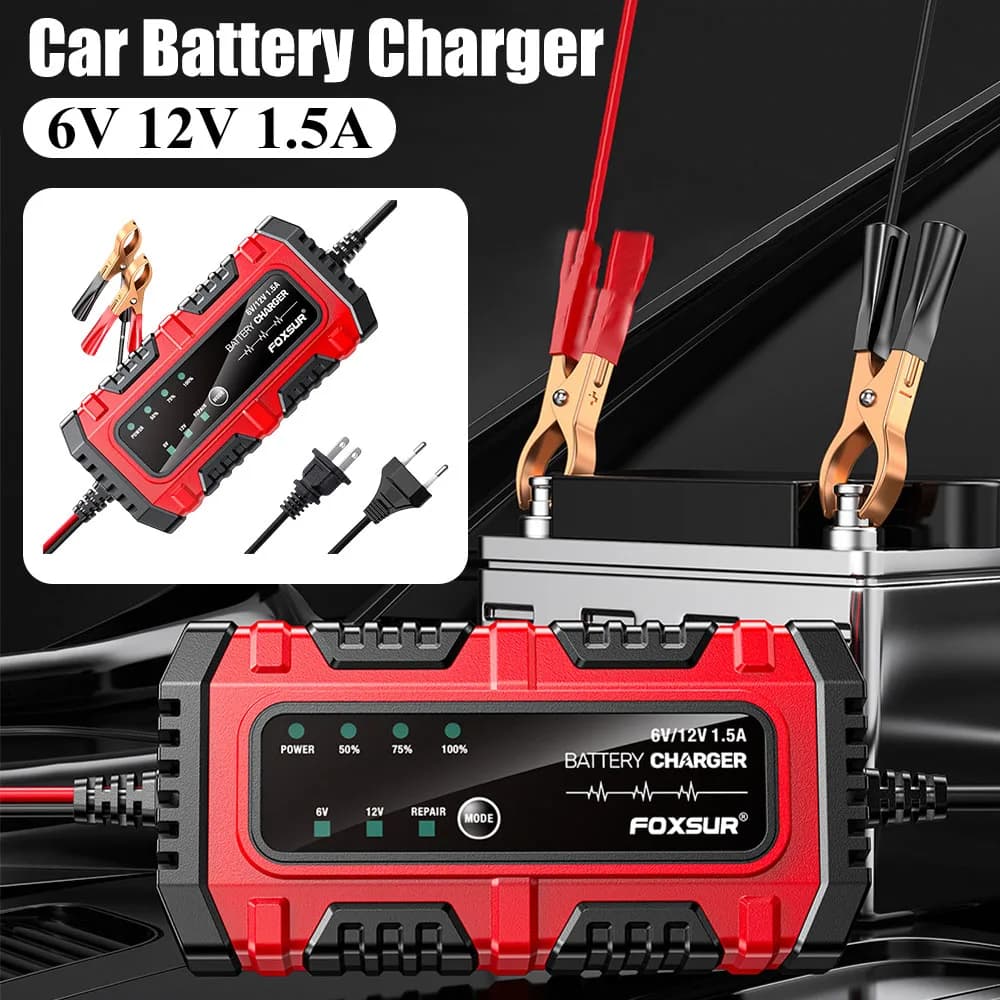 Charger for Auto 6V 12V 1.5A, Smart Charger for Auto, Truck, Boat, SUV, Motorbike