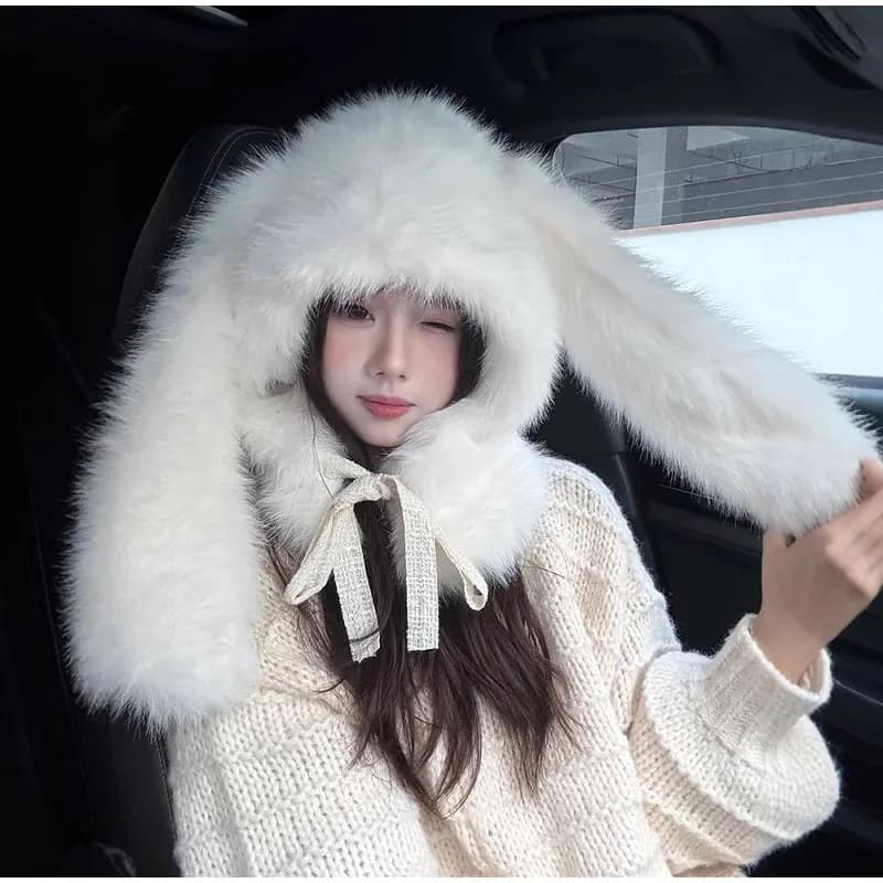 White Bunny Bunny Ear Rabbit Hat Women Winter Cute Warm Waist Scarf Cover Neck Cover Cap Gifts