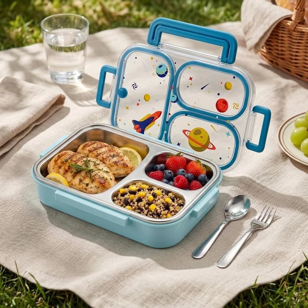 900ML Cute 304 Stainless Steel Divided Bento Lunch Box For Kids Microwave Safe Portable Leak-proof Food Container With Handle