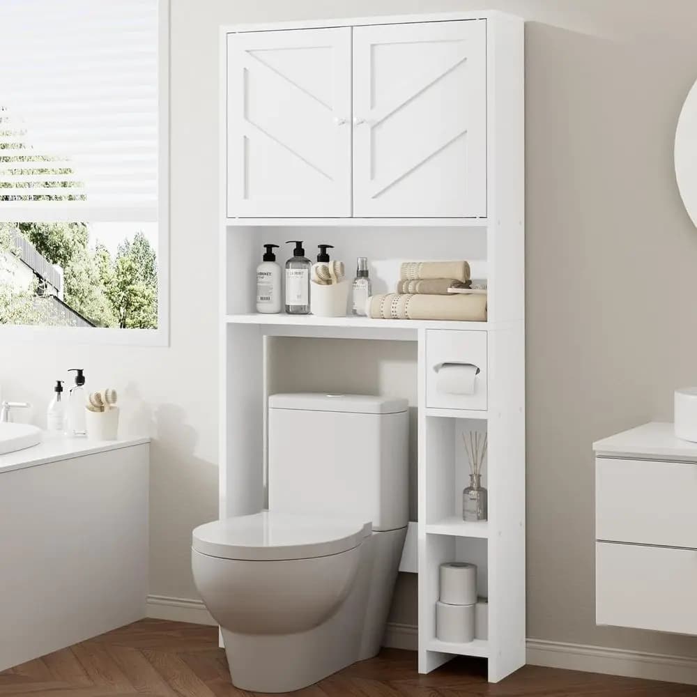 Mobiletto da bagno sopra il WC con ripiani regolabili e porta carta igienica, bianco