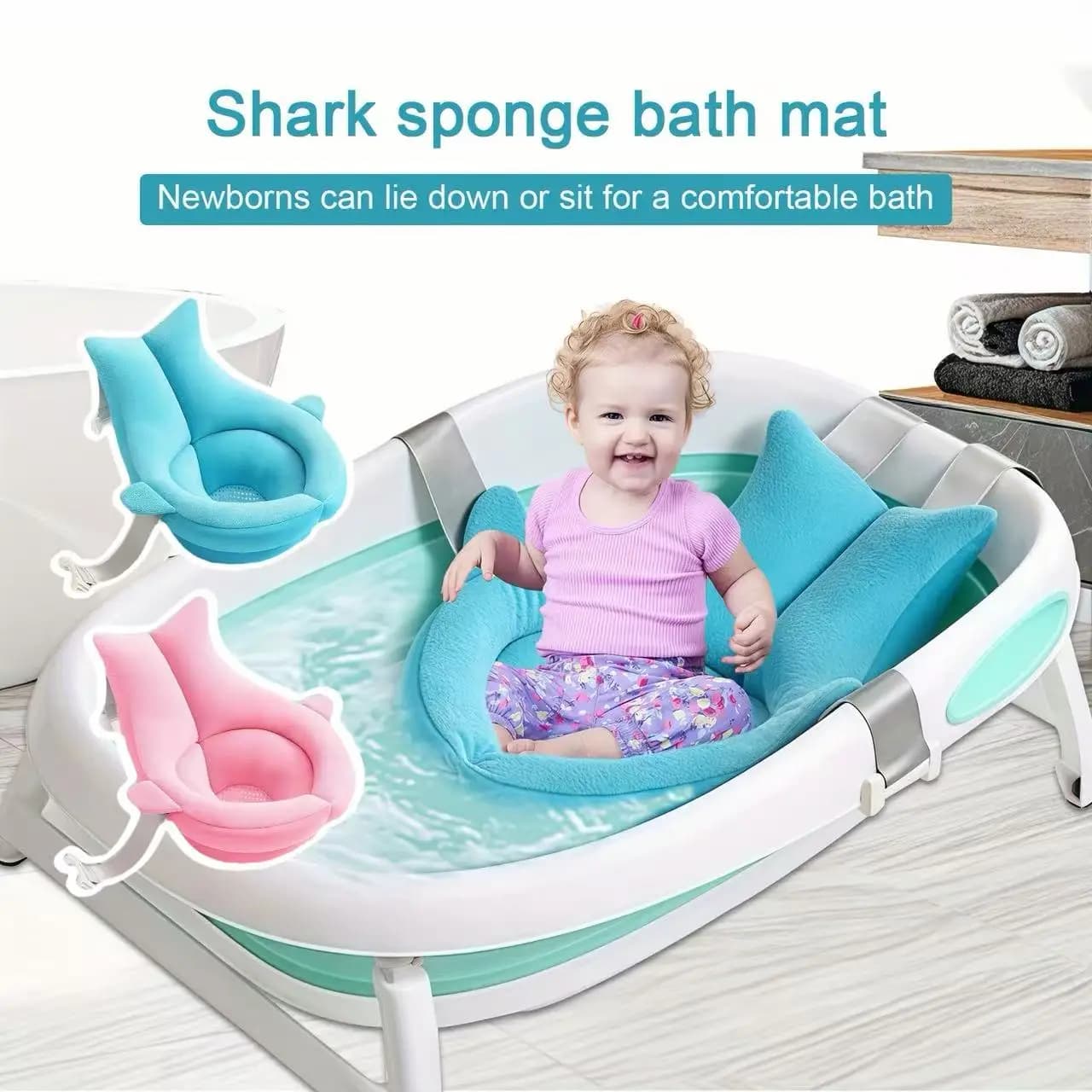 Set da 1 pezzo, cuscino da bagno per neonati a forma di squalo, realizzato in poliestere morbido e traspirante, con fibbia regolabile, design ergonomico, libera le mani dei genitori per un facile bagno del bambino