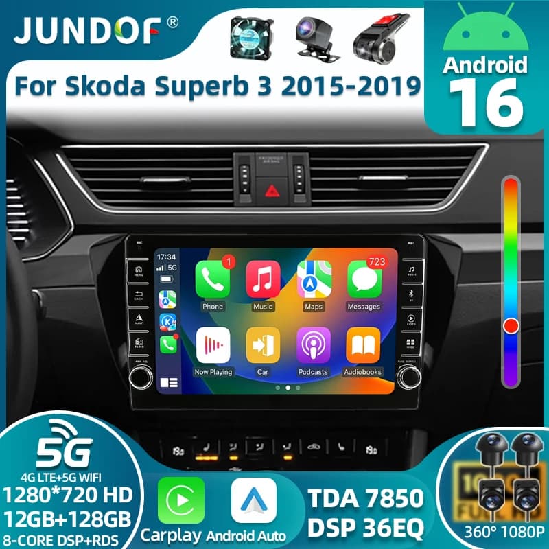 Android 16 Carplay Auto For Skoda Superb 3 2015 2016 - 2019 Car Radio Navigation Head Unit DSP Video DVD GPS Player 2Din Stereo
