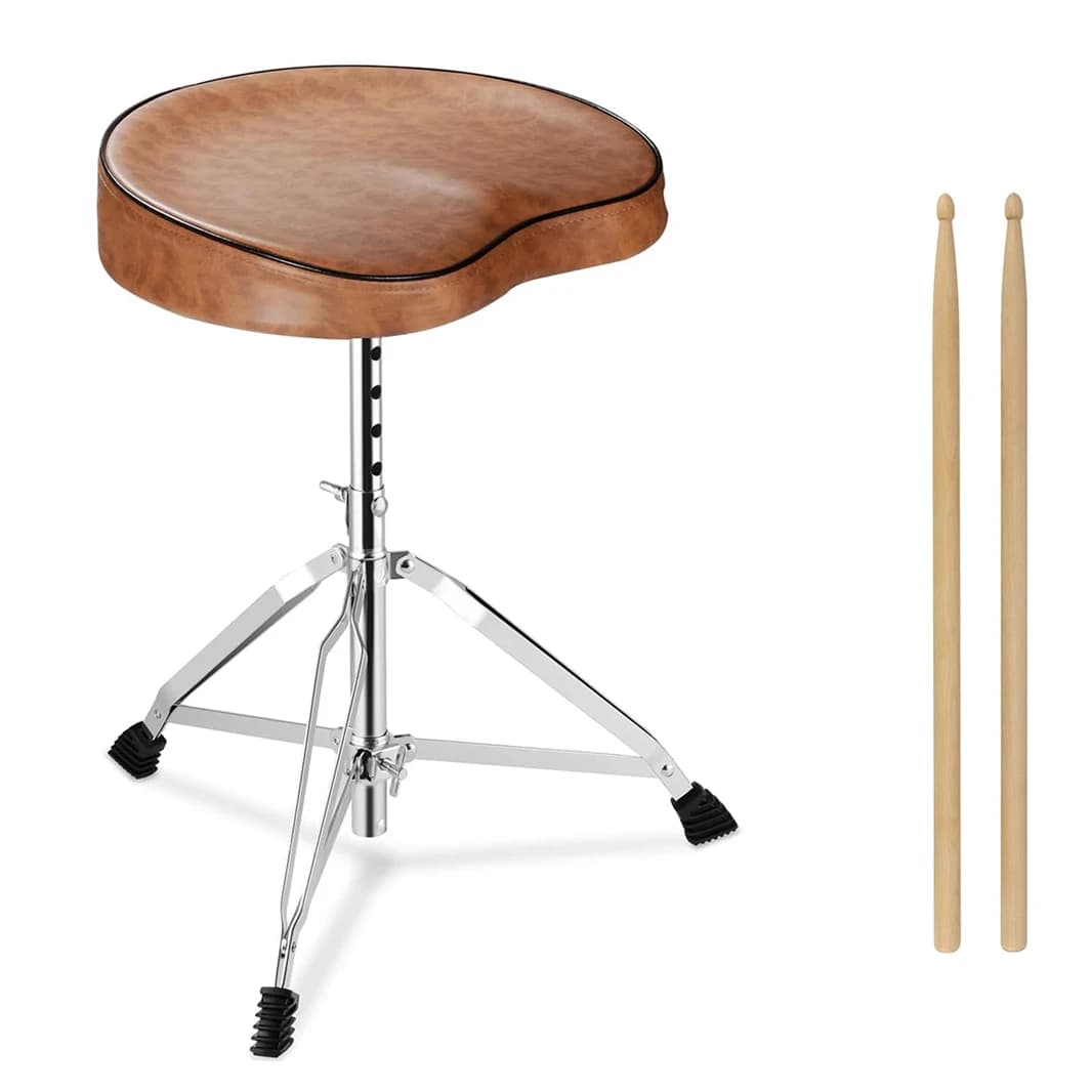 Trono per batteria a sella marrone con bacchette, sedia per batteria con sedile imbottito spesso regolabile in altezza