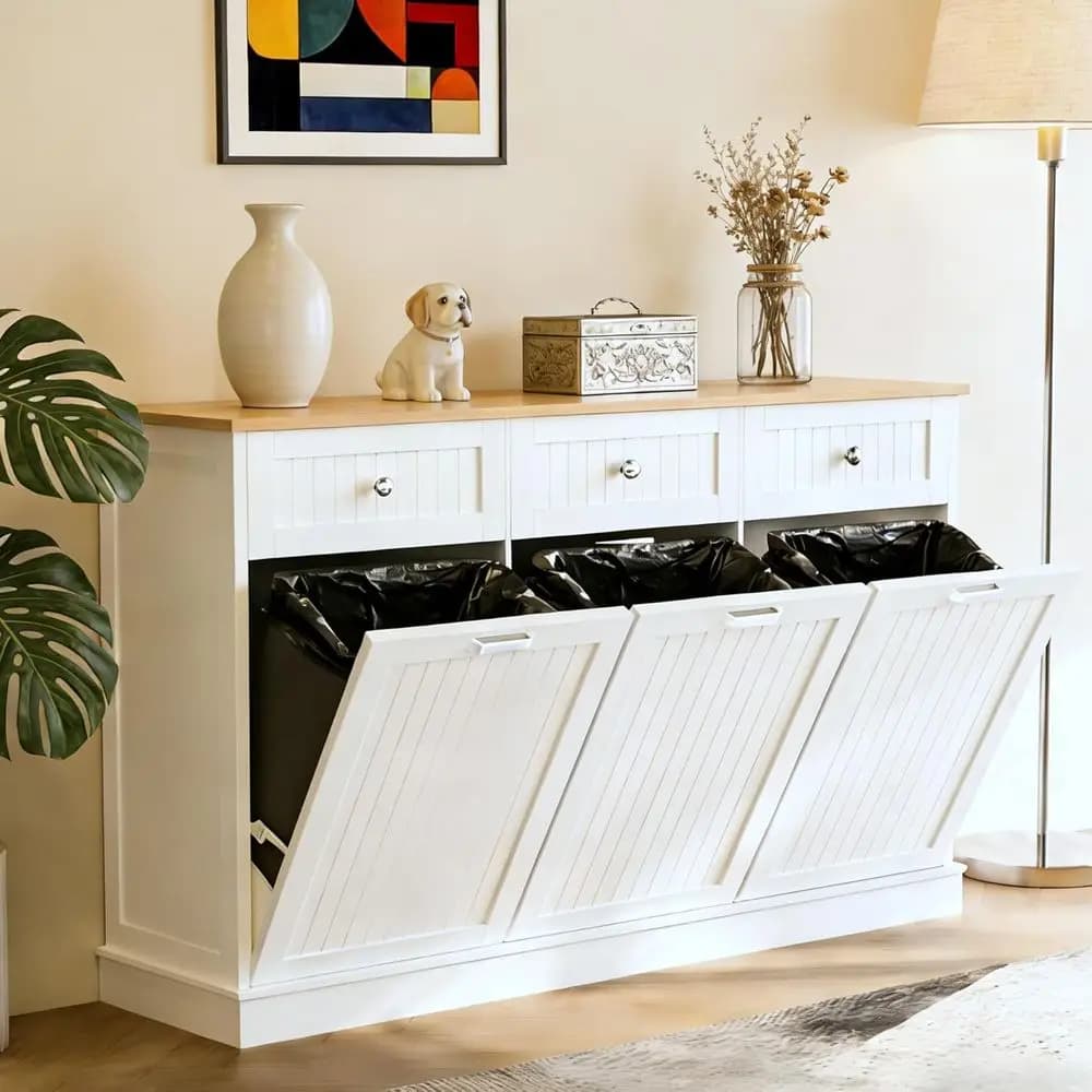 Mobiletto in Legno a Tre Scomparti da 30 Galloni per Cucina, Rifiuti e Riciclo con Cassetti Nascosti, Prese Elettriche, a Prova di Animale Domestico, Cesto per Bucato
