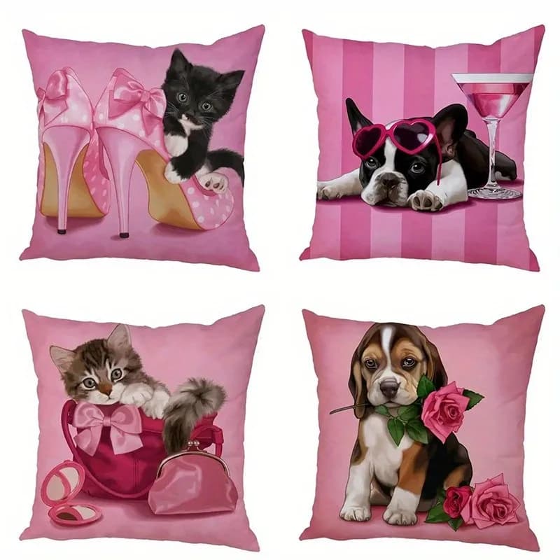 Cute Pets and Pink Accessories Throw Pillows Pattern Cushion Cover Suitable for Sofa Bedroom Car Pillow Cover