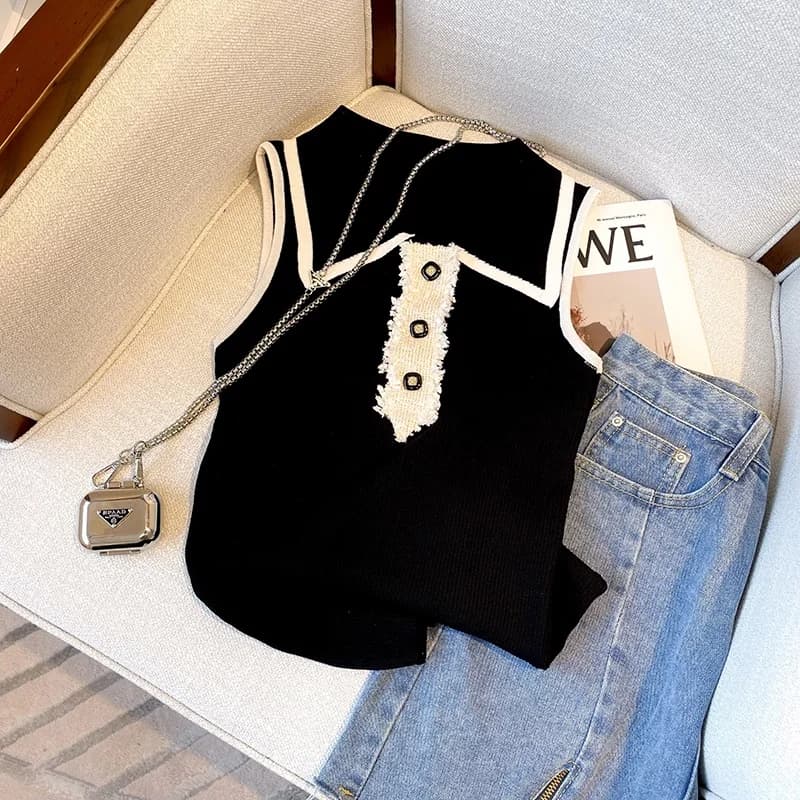 Slim Fit Knitted Vest Women's Spring Summer New Style Collar Color Block Sleeveless Base Shirt Handbag Store Fashion