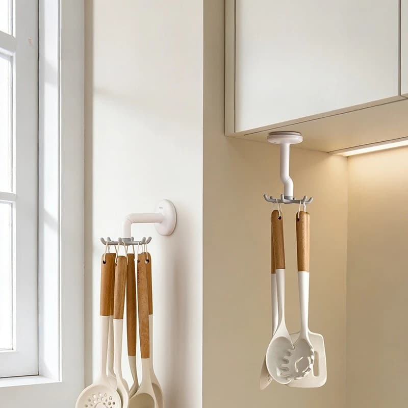 Gancio Girevole a Ventosa Senza Foratura per Cucina, Porta Utensili da Cucina a Muro, Gancio a Sei Griffe per Cucchiai e Spatole