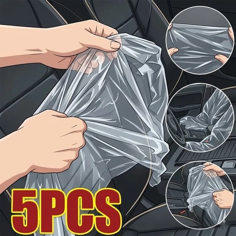 Set di 5 Coprisedili Monouso per Auto, Protezione in Plastica per Volante e Cambio, Impermeabile e Antipolvere, per Officine Auto e Meccanici