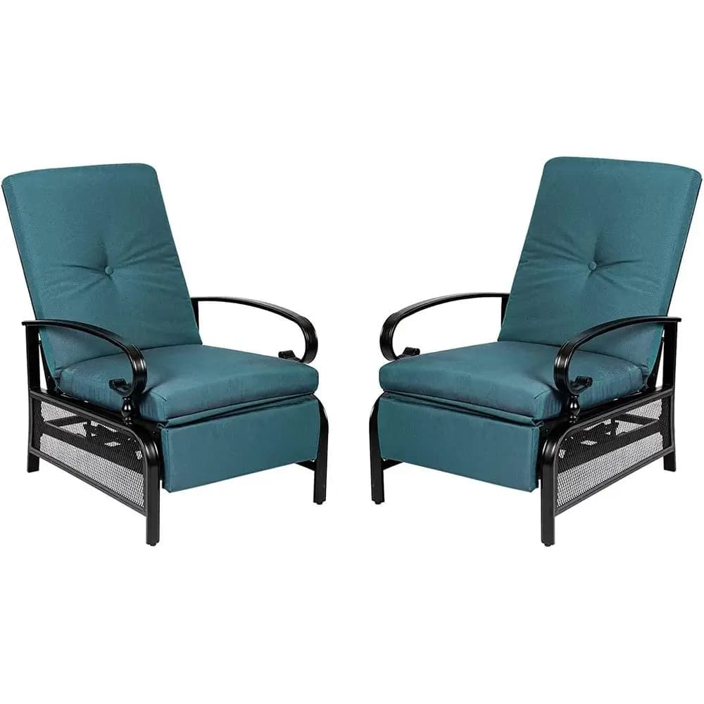 Set di sedie reclinabili regolabili per patio all'aperto, poltrona reclinabile in metallo nero da patio con cuscino rimovibile blu pavone (2