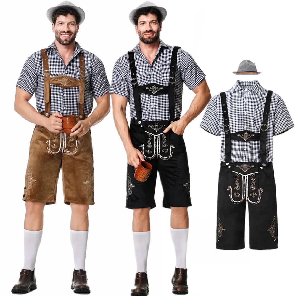 Bavarian costume of Oktoberfest Lederhosen for adult suspenders Shirt Hat German beer festival Male cosplay costumes