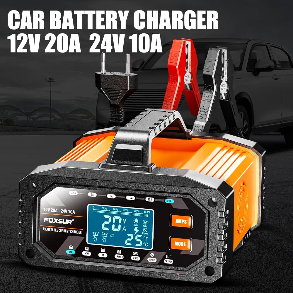Car Motorcycle Battery Charger Large Screen Digital Display Smart Battey Charger 7-stage Chargers Handheld 12V 24V 20A 10A