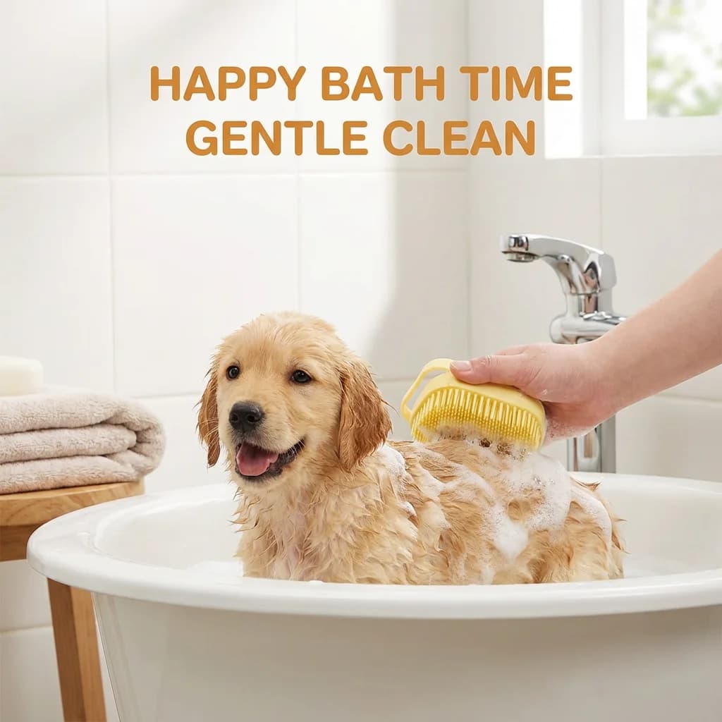 Strumento per toelettatura da bagno per animali domestici da 8,5 cmSilicone con contenitore per soluzioni da bagno Spazzola per massaggio con miscelazione automatica per cani e gatti