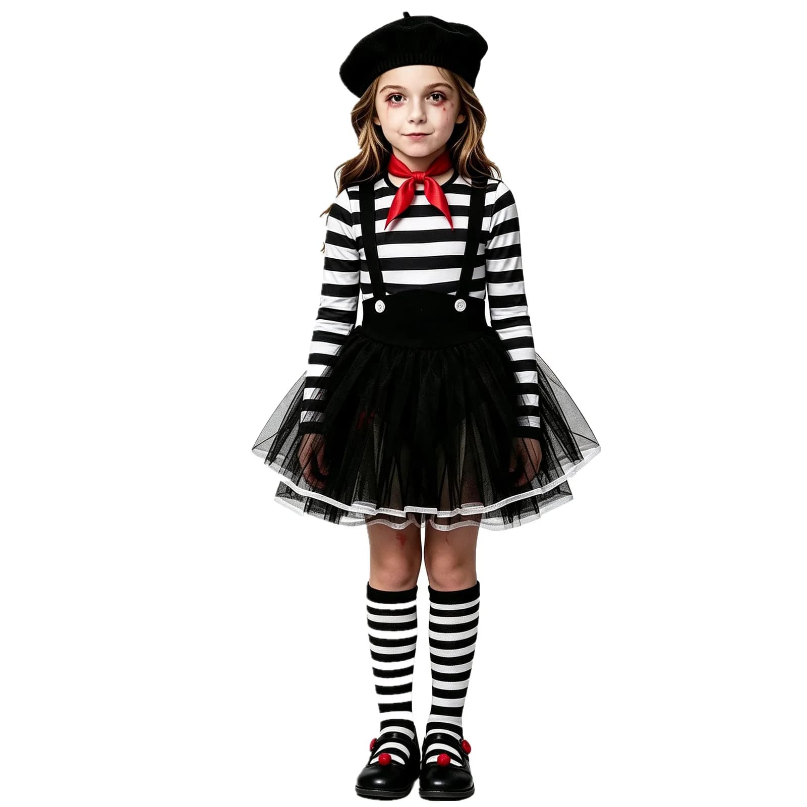 Girls Wicked Clown Costume Long Sleeve Mesh Joker Jester Tutu Dress with Hat Neck Scarf for Halloween Circus Role Play Party