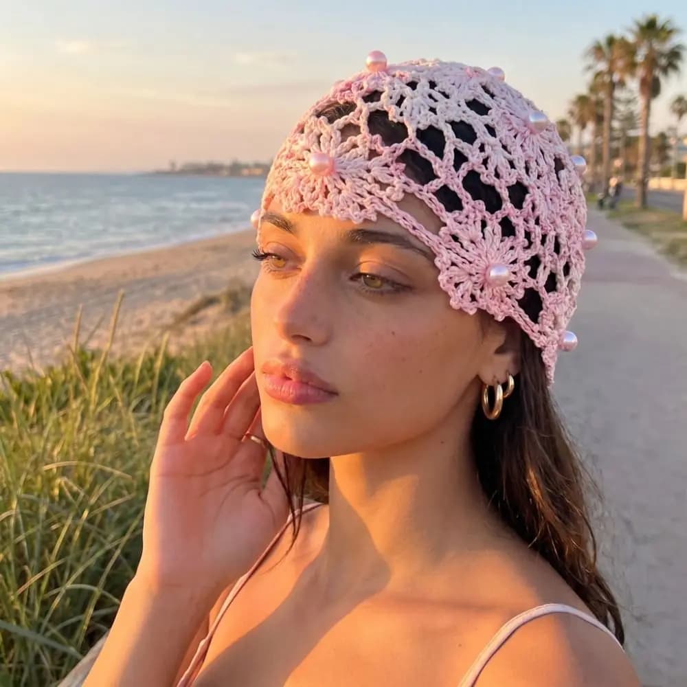 Elegant Hollowed Out Knitted Hat Thin Flower Bohemian Style Beanies Ethnic Style Pearl Woven Pullover Cap Apparel Accessories