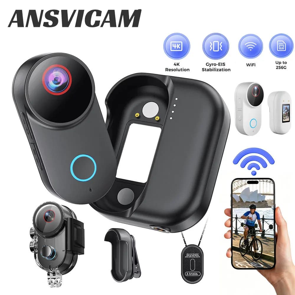 ANSVICAM Thumb Camera 4K Ultra HD 6-Axis Stabilization Long-Hour Battery with Charging Dock Helmet/Bike Mount Wifi Action Camera