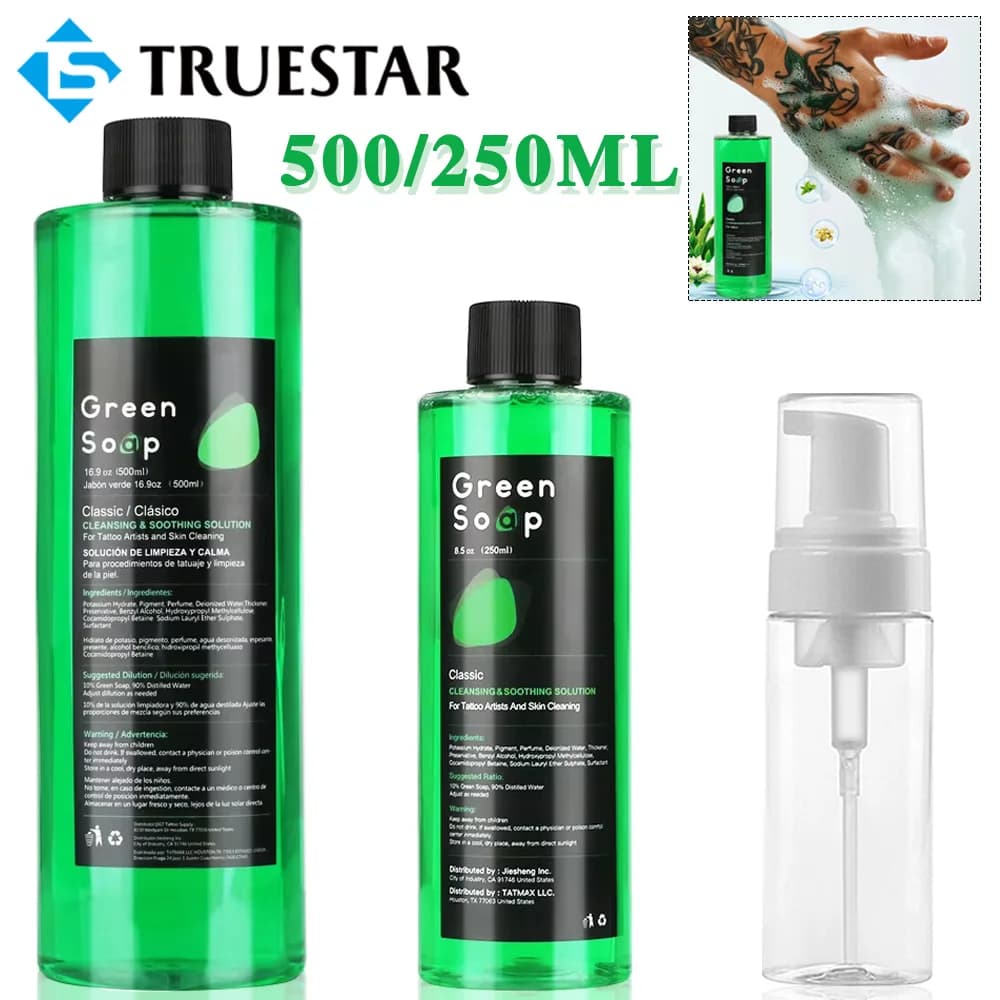 500/250ML Sapone verde per tatuaggi Sapone per la pulizia del tatuaggio Pulizia della pelle del tatuaggio Soluzione lenitiva Sapone alle alghe verdi e set di bottiglie di schiuma
