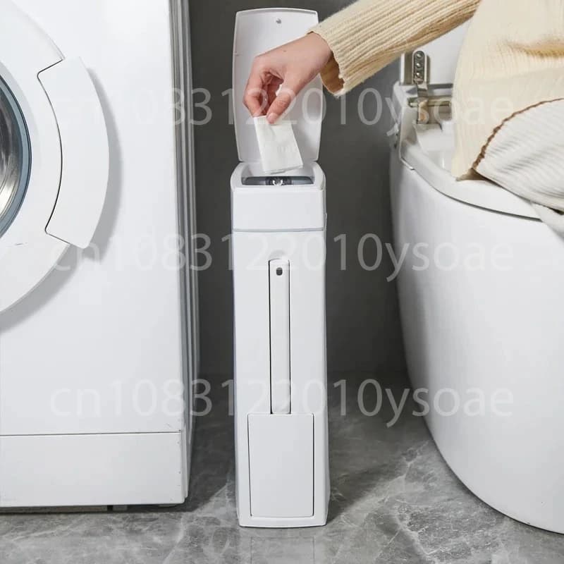 Bidone della spazzatura in plastica stretto con coperchio Cestino per rifiuti da bagno Porta carta igienica Scopino per WC integrato in stile pressa Salvaspazio