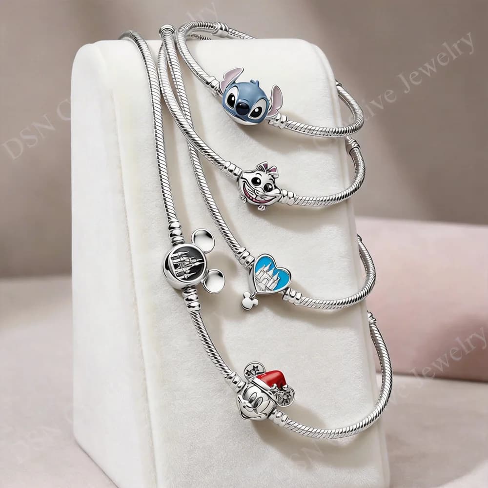 DSN Jewelry Mickey Heart Clasp Charm Bracelet Cartoon Stitch Snake Chain Cheshire Cat Bracelet Women Disney Style Jewelry