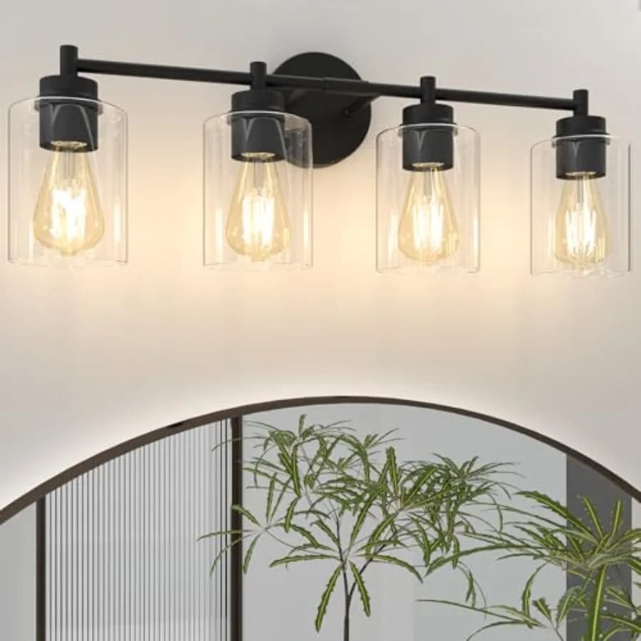 Lampada da Bagno a 4 Luci, Applique Moderna Nera Opaca con Paralumi in Vetro Trasparente, Illuminazione per Specchio e Soggiorno