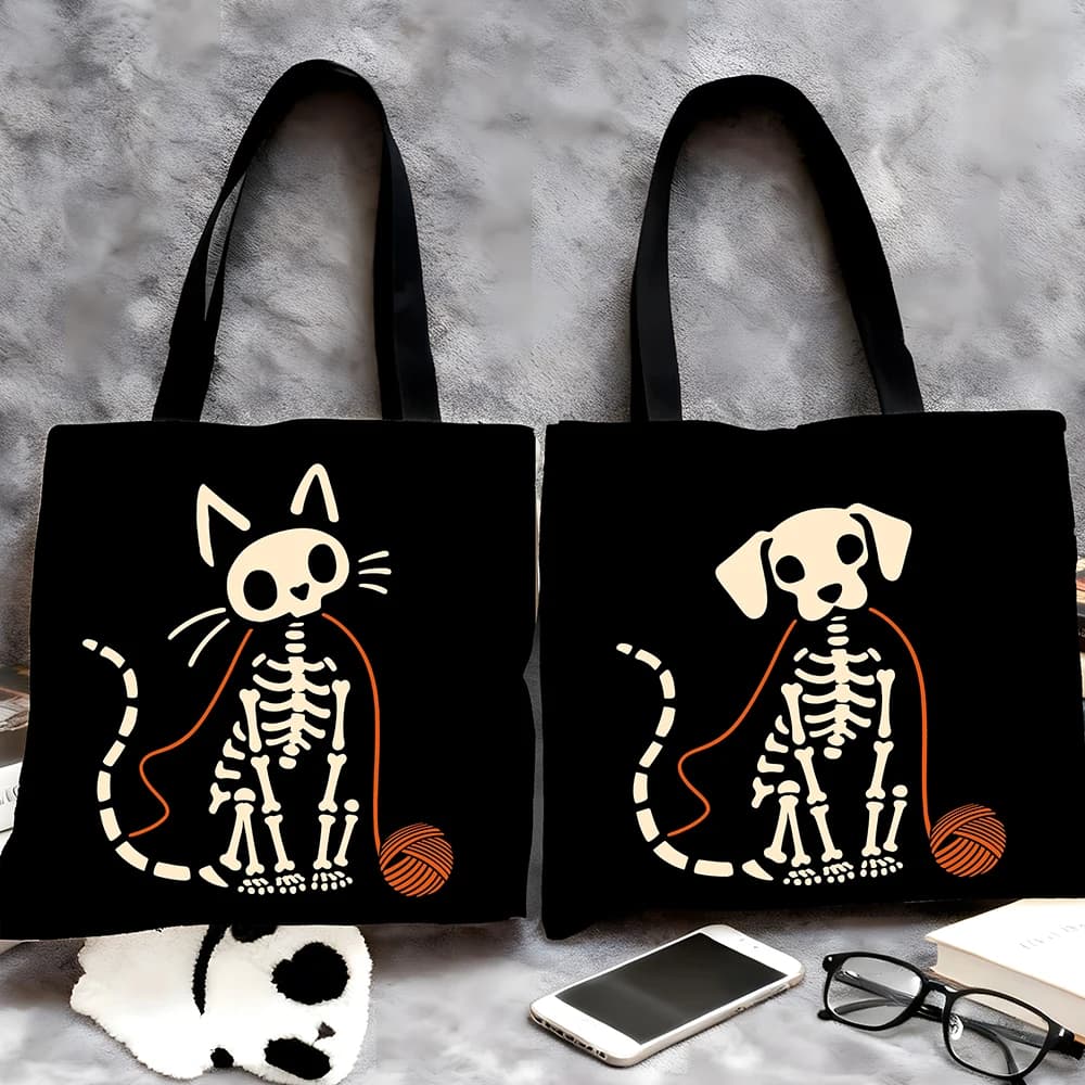 1/2 Pcs Reusable Foldable Grocery Bag, Black Skeleton Cat/Dog Print Shopping Tote with Yarn Ball Pattern, Collapsible Handbag fo