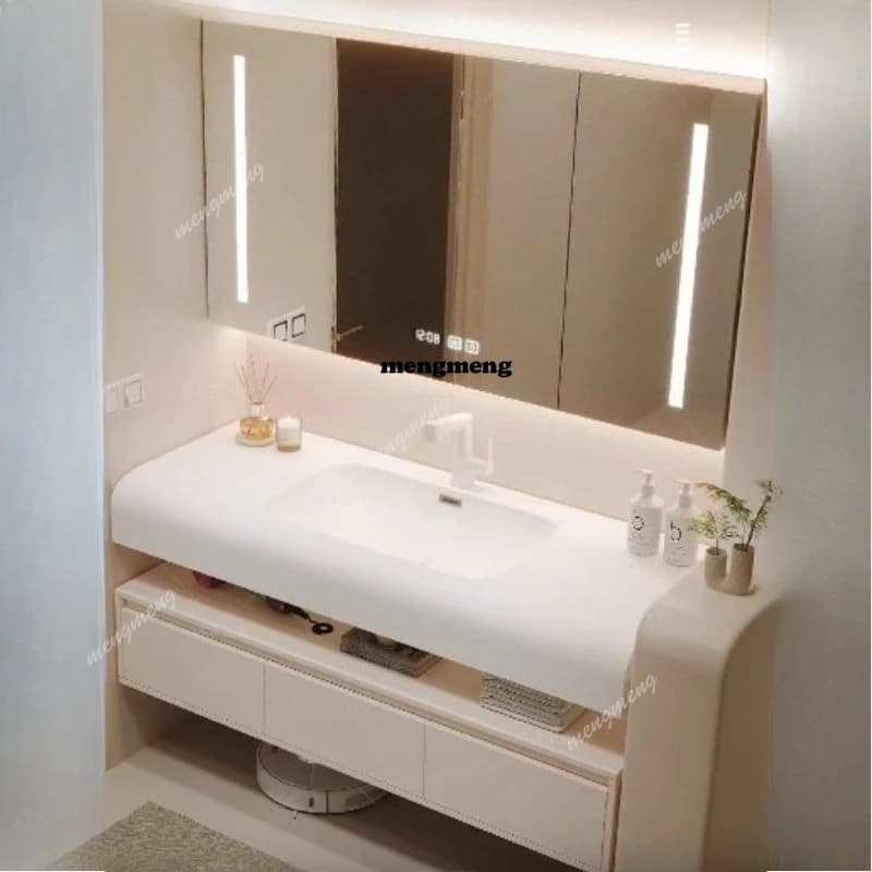 Mobile da Bagno Moderno con Specchio, Armadietto con Ripiani, Organizzatore in Legno con Cassetti per Bagno