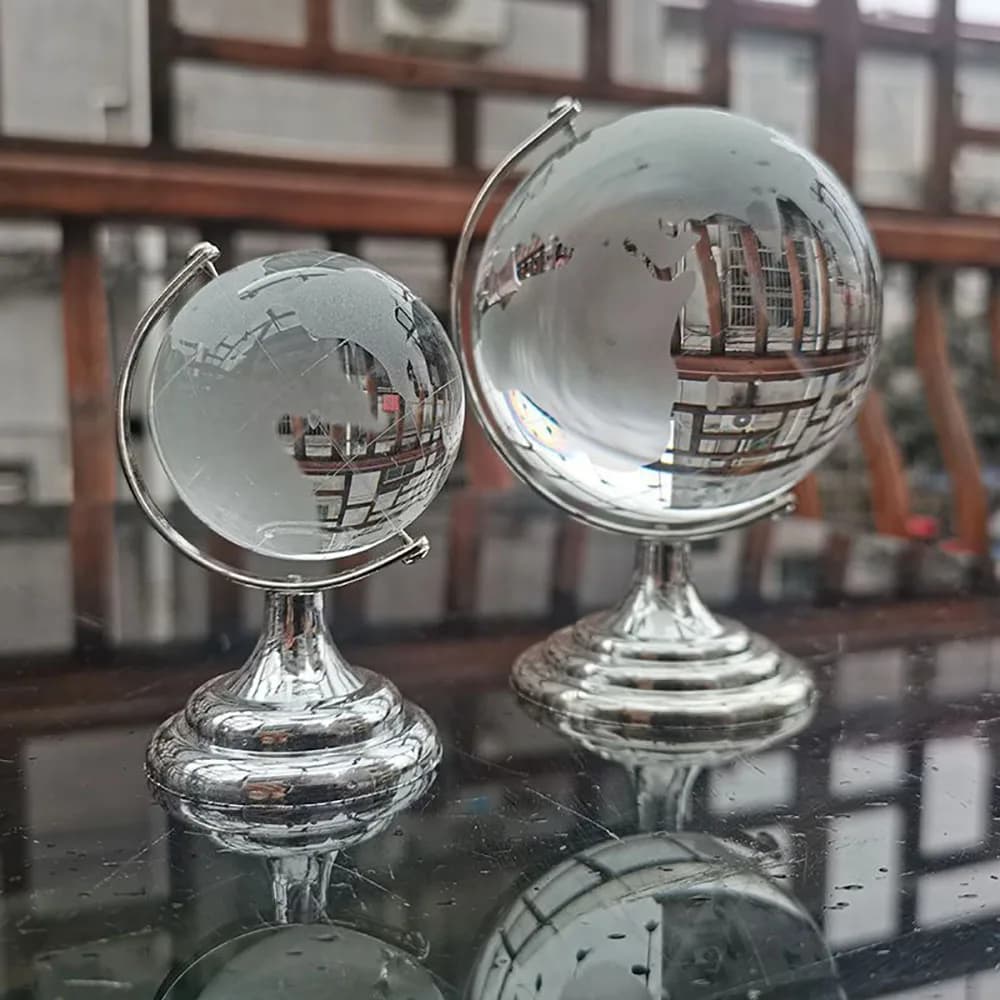 6/8cm Round Earth Globe World Map Crystal Glass Clear Ball Sphere Figurine con supporto in metallo Home Decor Office Desktop Ornament