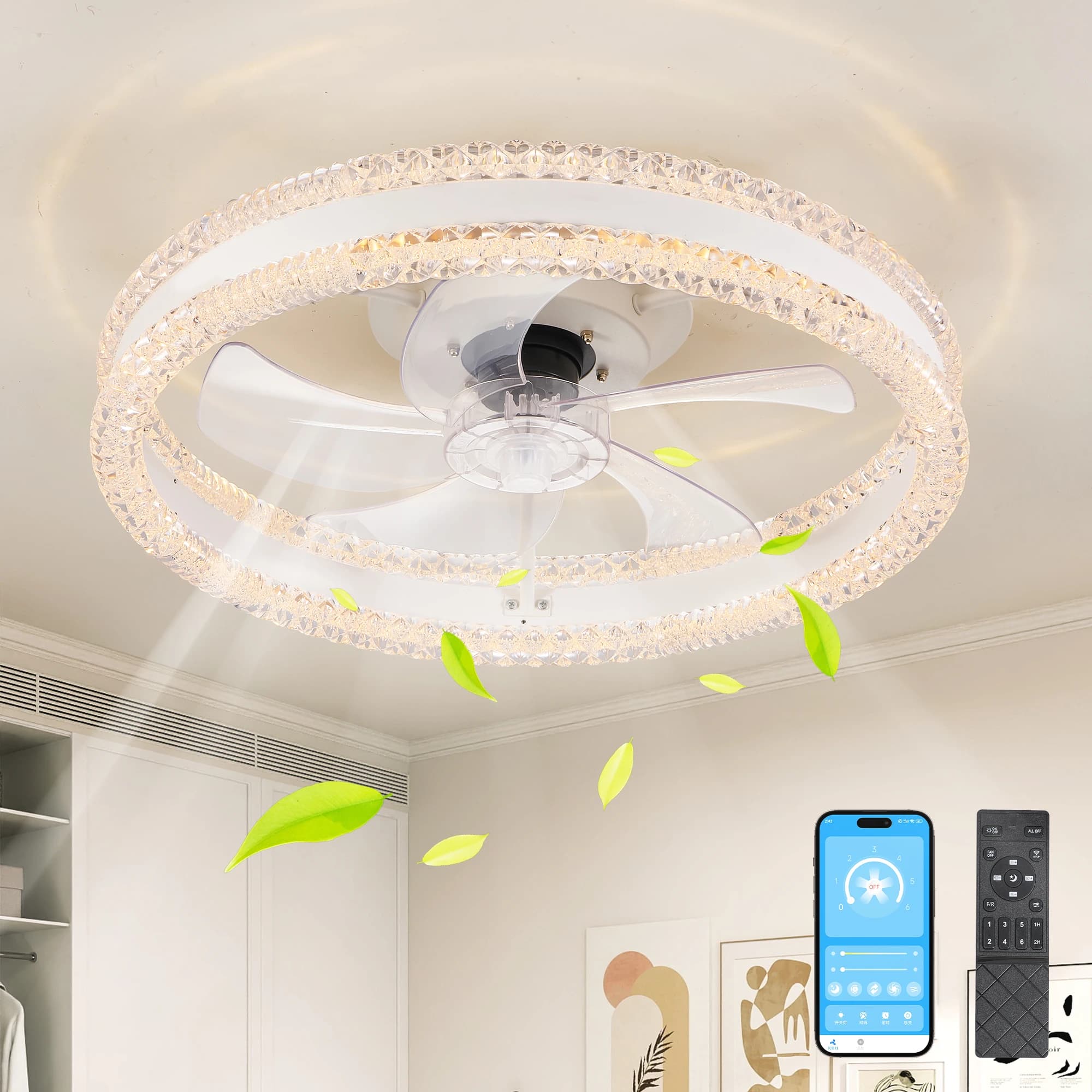 20" Luxury Double Ring LED Ceiling Fan With Light, Modern Acrylic Design, Dimmable Lighting, Low Profile Quiet Fan (White)