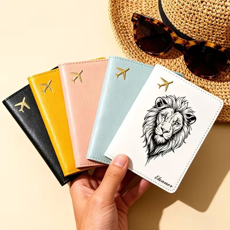 Custom Text Name Passport Holder, Aviation Synthetic Leather Passport Case, Lion Head Design Passport Cover, PU Passport Holder