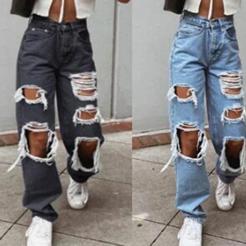 I jeans strappati a gamba larga con taglio sottile a vita alta rendono le donne sembrano sottili