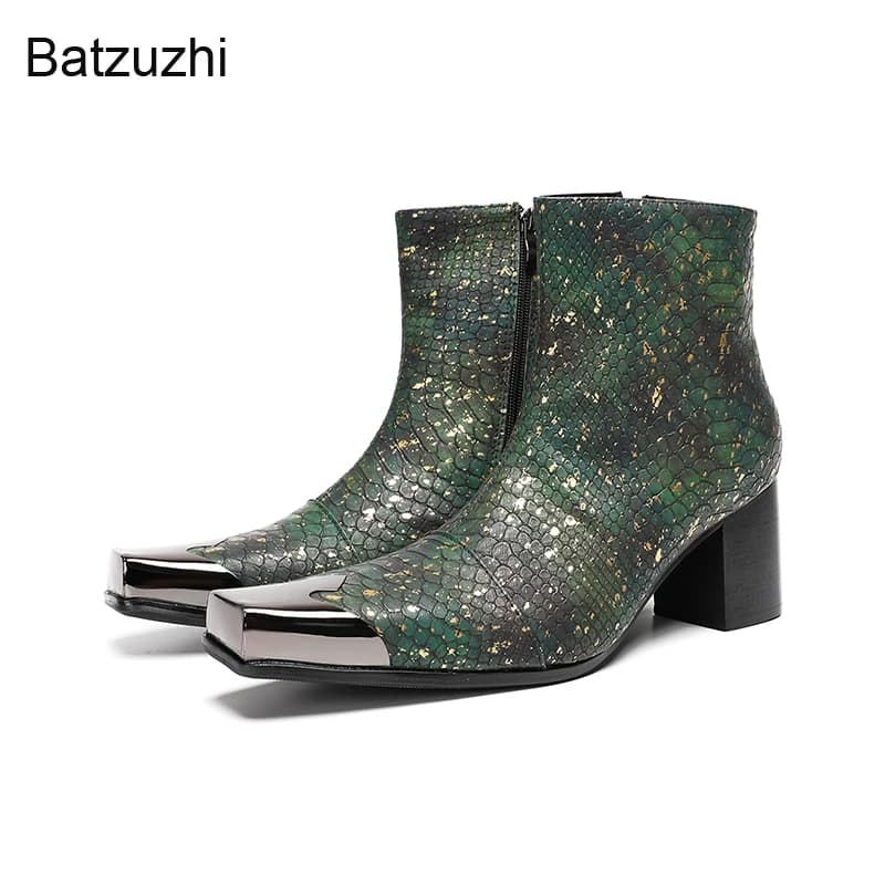 Batzuzhi 7CM Heels Height Men's Short Boots for Man Square Toe Luxury Genuine Leather Ankle Boots Man with Metal Toe Fashion