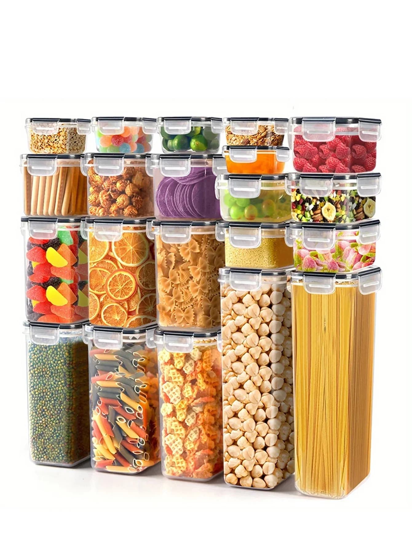 Set di 42 Contenitori Ermetici per Alimenti con Coperchi, Organizzatore in Plastica per Dispensa, per Farina, Zucchero, Cereali, Barattoli Etichettati