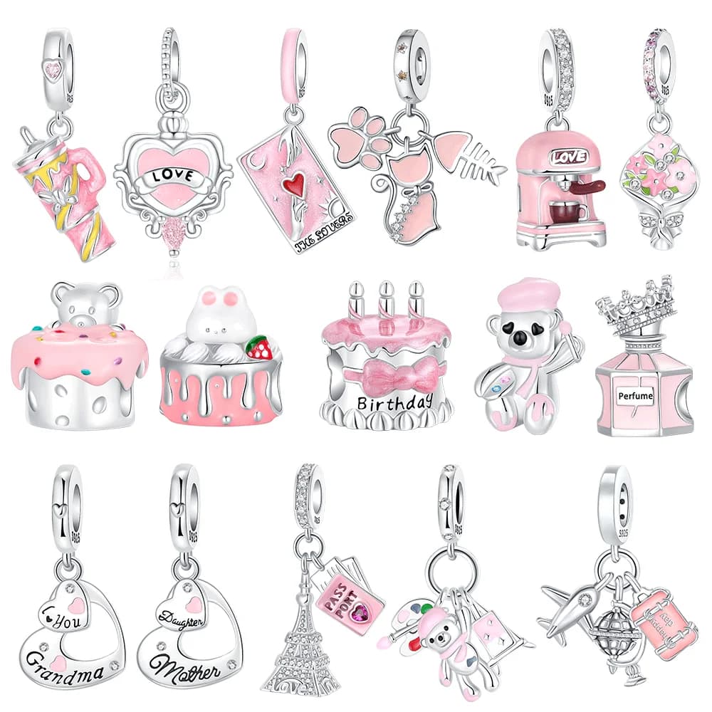 Ciondolo in Argento Sterling 925 a Tema Rosa con Orsetto e Macchina del Caffè per Donna, Compatibile con Bracciali e Collane Originali, Accessori Fai-da-Te