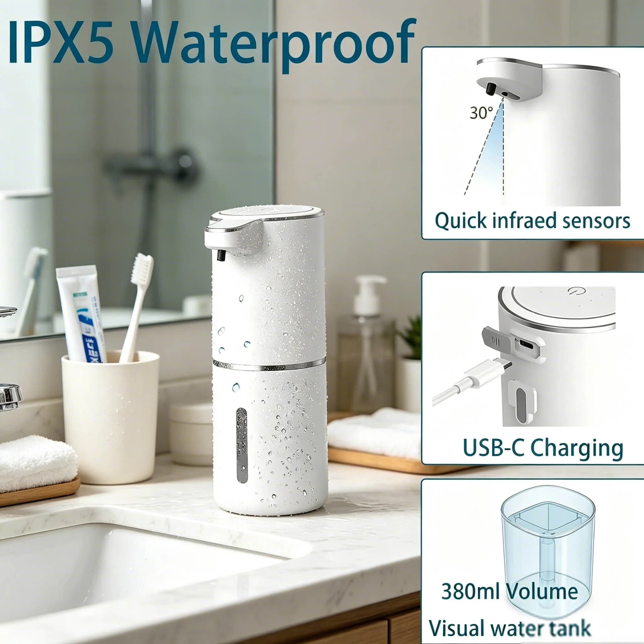 4-Level Adjustable Foam Touchless Automatic Soap Dispenser, 380ml USB Rechargeable Electric Foaming Soap Dispens