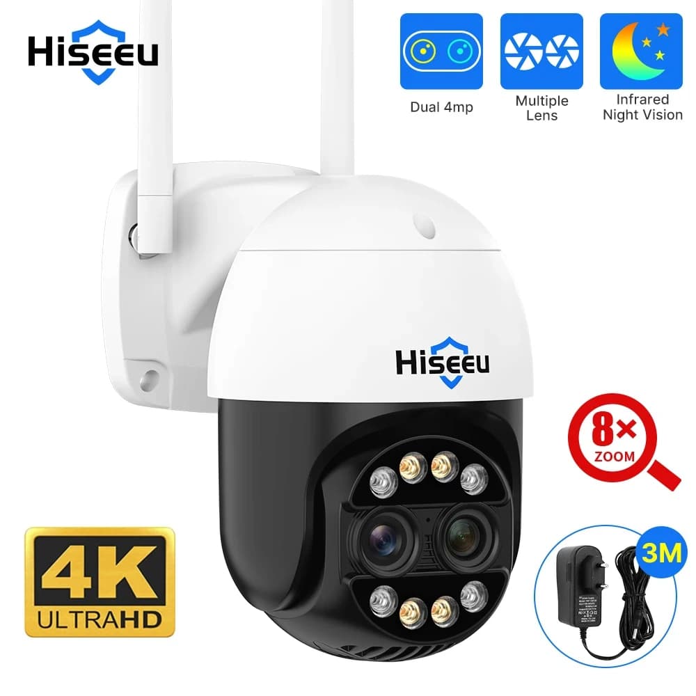 Hiseeu 4K 8MP Dual Lens Wifi PTZ IP Camera 2.8 + 12mm 8xzoom CCTV telecamera di videosorveglianza visione notturna a colori camma di rilevamento umano