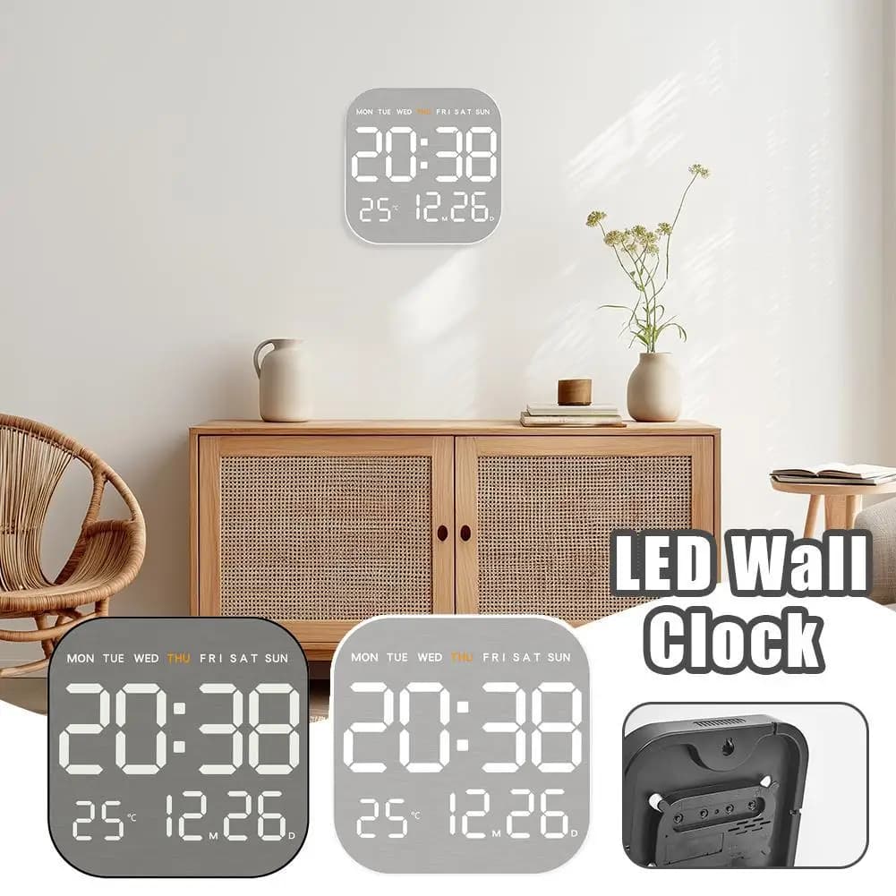 Nuovo orologio da parete elettronico Premium Feel Specchio silenzioso Finitura spazzolata Orologio da parete Sveglia da tavolo digitale a LED Display della temperatura