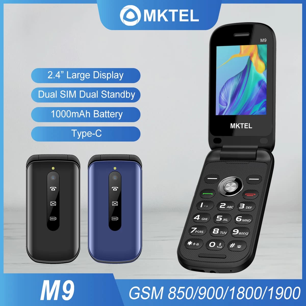 MKTEL M9 Flip Telefono cellulare 2G Display da 2,4 pollici Batteria da 1000 mAh Dual SIM Dual Standby MP3/MP4/FM Radio Sbloccato Caratteristica per anziani Telefono