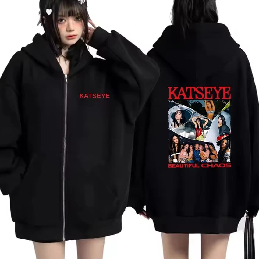 KATSEYE The Beautiful Chaos moda Autunno Inverno Felpa con cappuccio Uomo Donna Cappotto in pile vintage Giacca con zip Hip Hop abbigliamento oversize