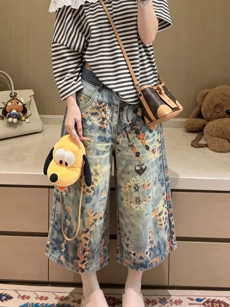 Retro American Leopard Print Denim Jeans High Waist Loose Wide Leg Seven-Foot Pants Women's Summer New Style Casual Wear