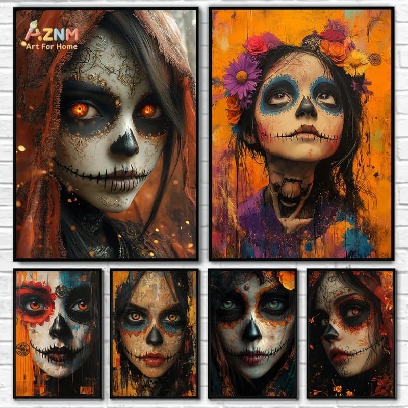 Los Muertos Girl Day of The Dead Skull Makeup Portrait Posters and Prints Canvas Painting Wall Art Picture for Room Home Decor