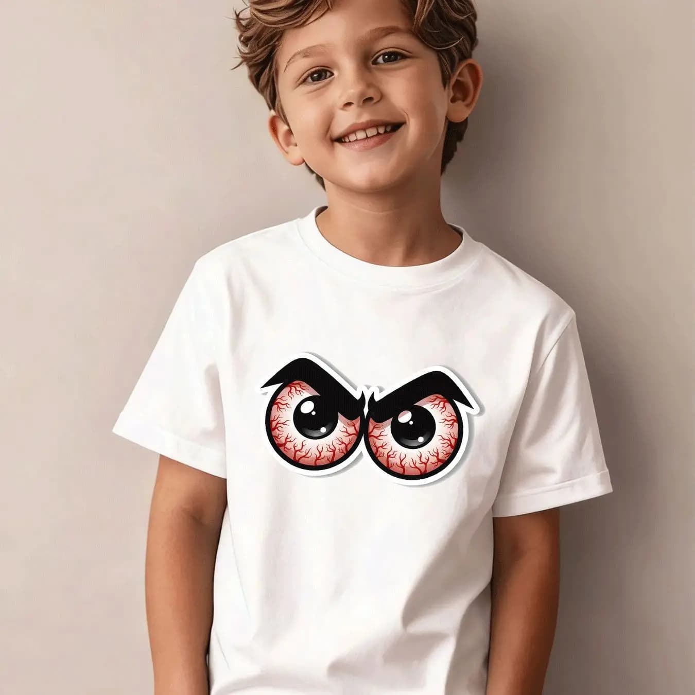 Short Sleeved Boys' Clothing, Summer Casual Trend, Children's T-shirt, Angry Cartoon, Congested Eye Pattern, Daily Sports Wear