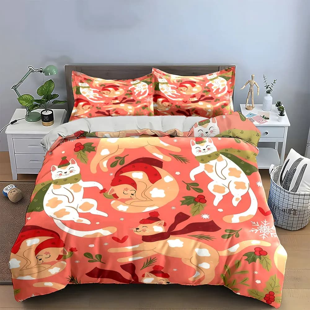 Set di decorazioni a tema natalizio per gatti, set di biancheria da letto con 1 copripiumino e 2 federe, singolo, matrimoniale, king size, queen size, regalo
