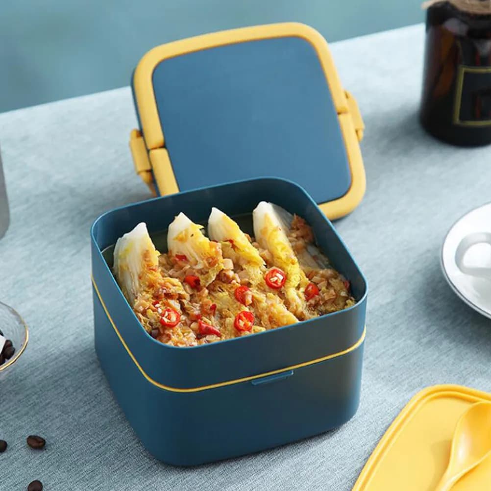 1Pcs 1.3L Double Layer Portable Lunchbox Bento Box with Spoon Leak Proof Sealed Buckle for Office School Picnic Travel Outdoor