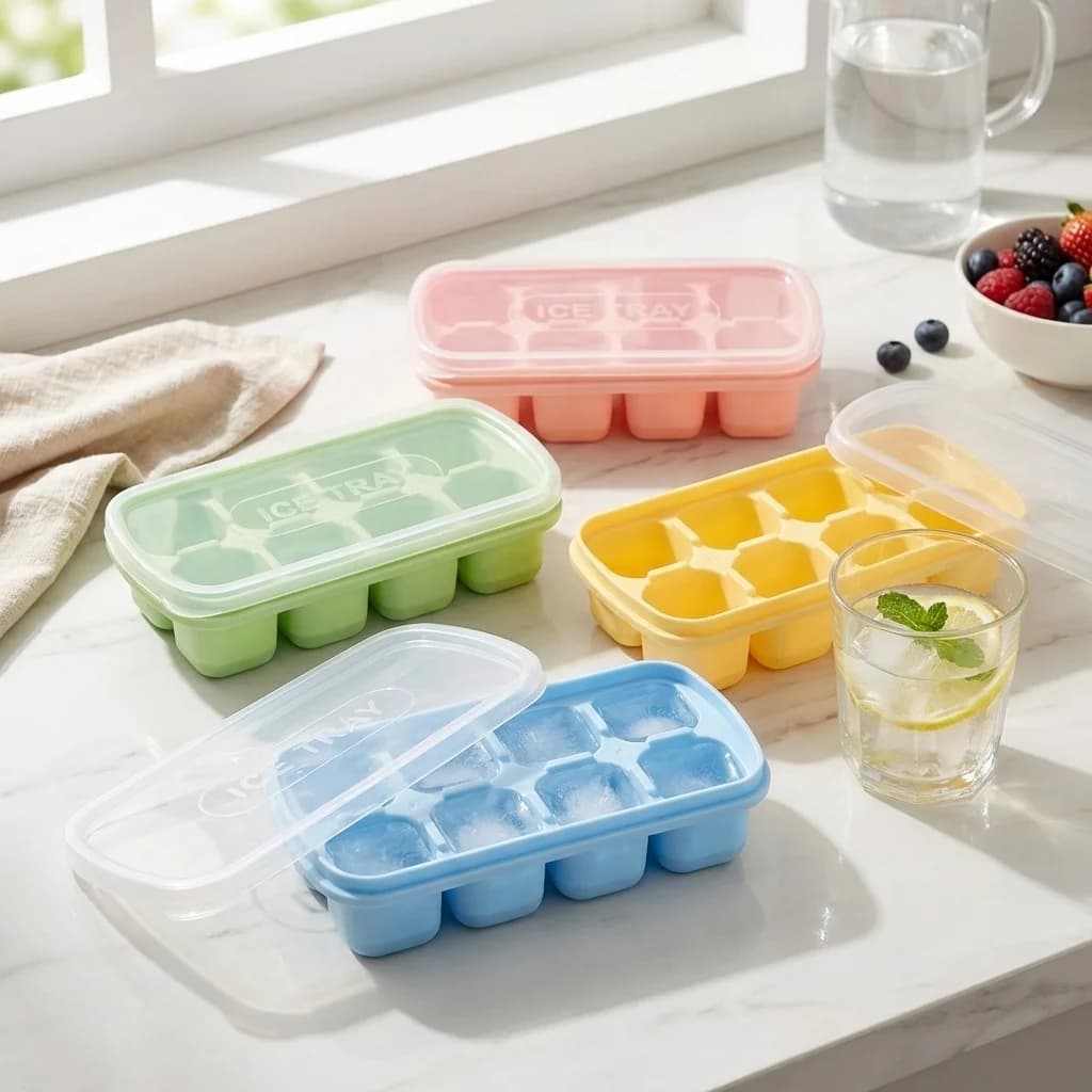 8 Grids Mini Plastic Ice Cube Tray With Lid Easy-Release Ice Mold Reusable Ice Cube Maker For Whiskey Cocktails Juice Bar Tools