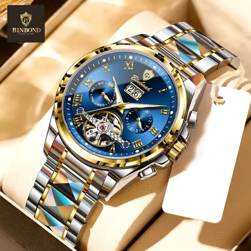 BINBOND Orologio da uomo meccanico automatico di lusso superiore con data Orologio da polso impermeabile Nuovi orologi da uomo in acciaio inossidabile con tourbillon cavo