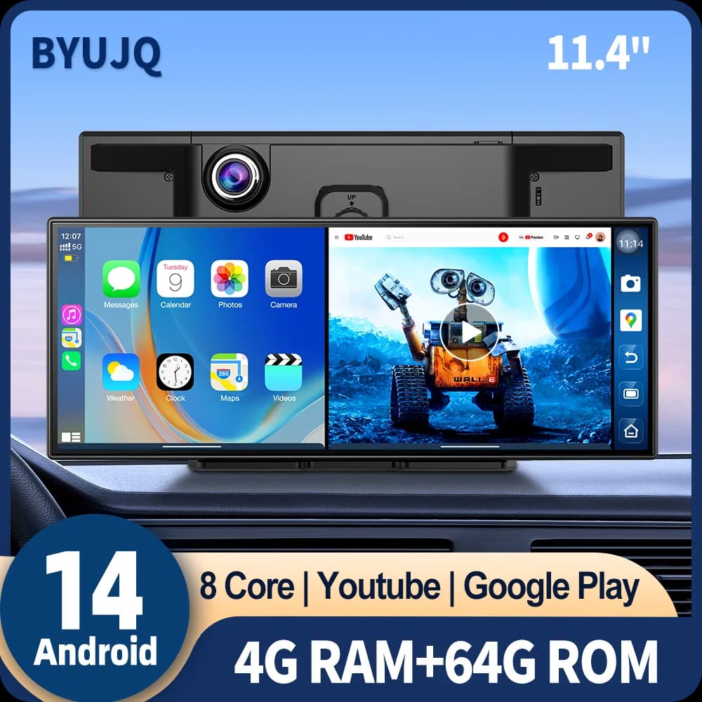 BYUJQ Schermo AI da 11,4 pollici, Android 14, 8 core, 4+64 GB, Telecamera per auto, CarPlay wireless e Android Auto, Google Play, Navigazione GPS, Videoregistratore per auto