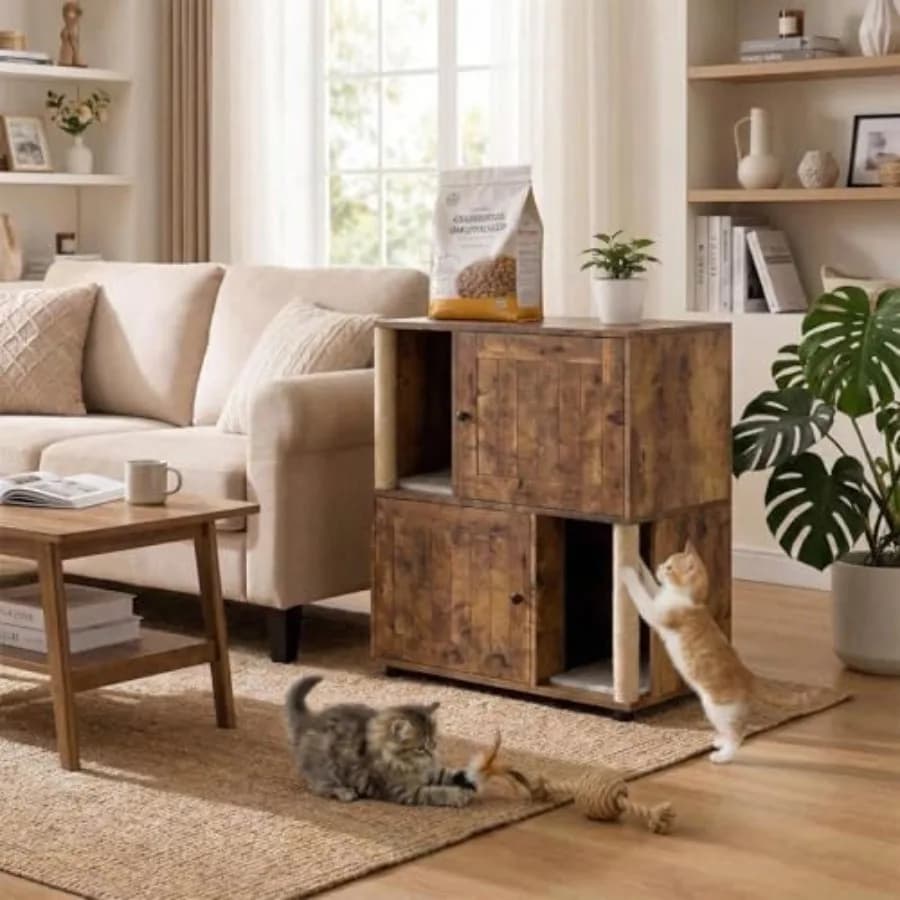 Mobiletto per lettiera doppia a 2 livelli con lettiera doppia, lettiera per gatti a due postazioni, con tiragraffi e tappetino igienico, grigio, design nascosto per due gatti