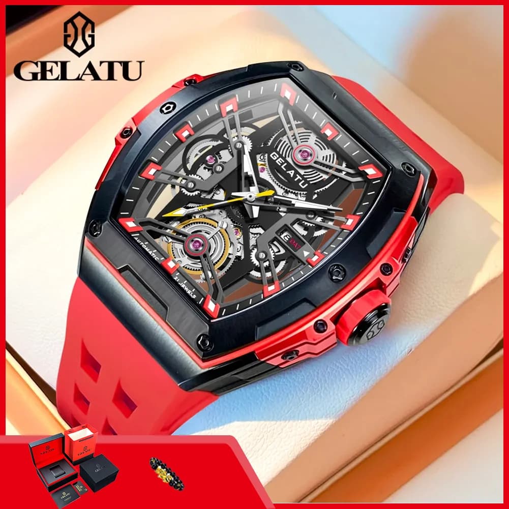 GELATU 6012 Orologi da Uomo, Orologi Meccanici Automatici con Quadrante Traforato, Cinturino in Silicone alla Moda, Impermeabili, Quadrante Tonneau