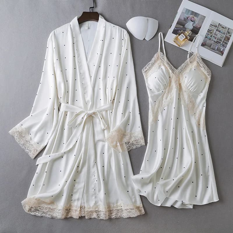 Set Vestaglia in Pizzo e Kimono in Raso Setoso Estivo, Abbigliamento da Casa, Set 2 Pezzi, Camicia da Notte e Abbigliamento per il Relax Donna