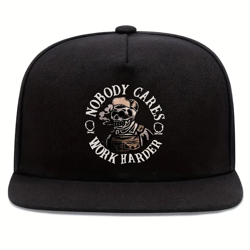 Cappello Snapback con Stampa Teschio 'Nobody Cares Work Harder', Unisex per Adulti, in Poliestere, Casual, Stile Street Hip-Hop