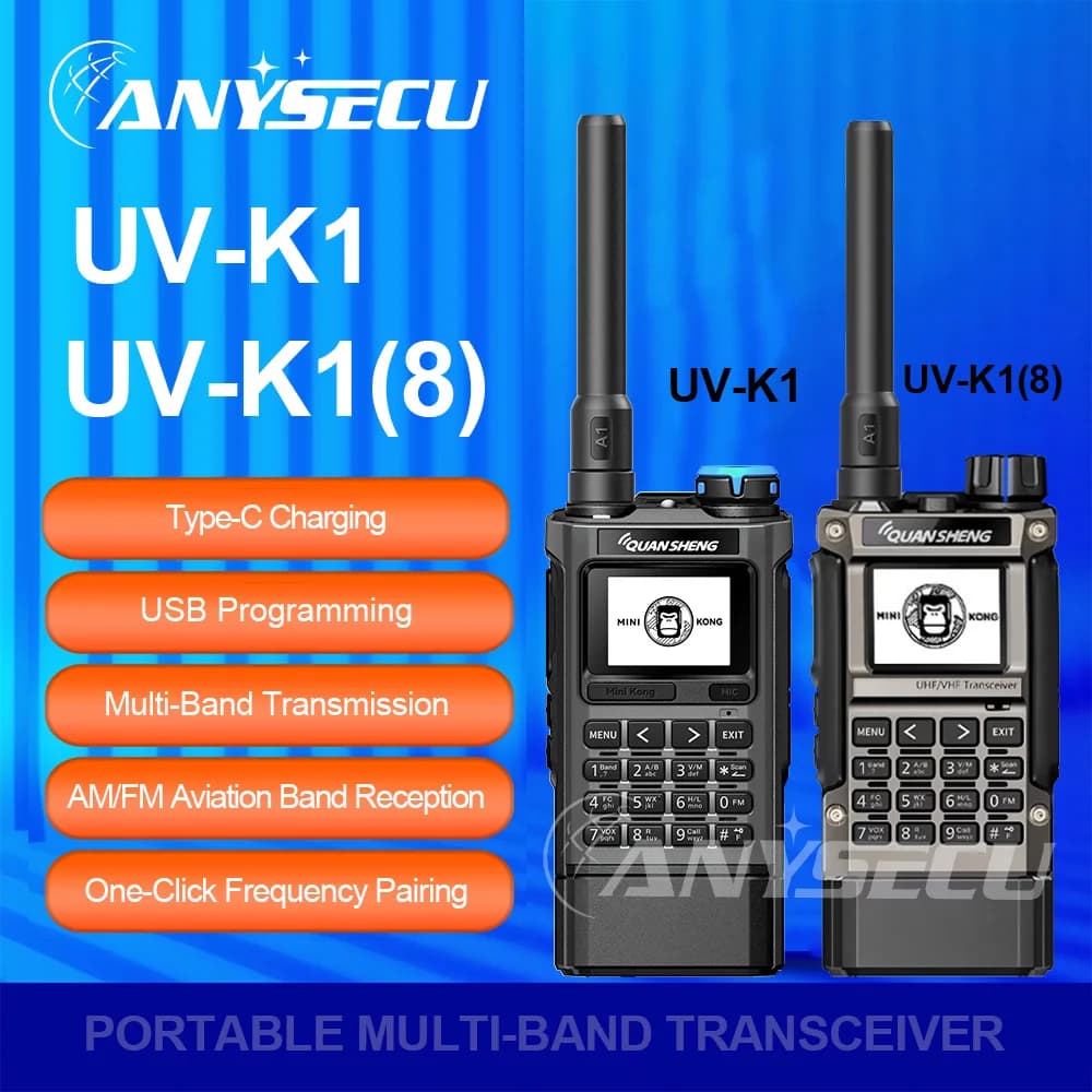 Ricetrasmettitore Mini Walkie Talkie Quansheng UV-K1(8) Multibanda, Radio Bidirezionale con Batteria da 1400mAh/2500mAh